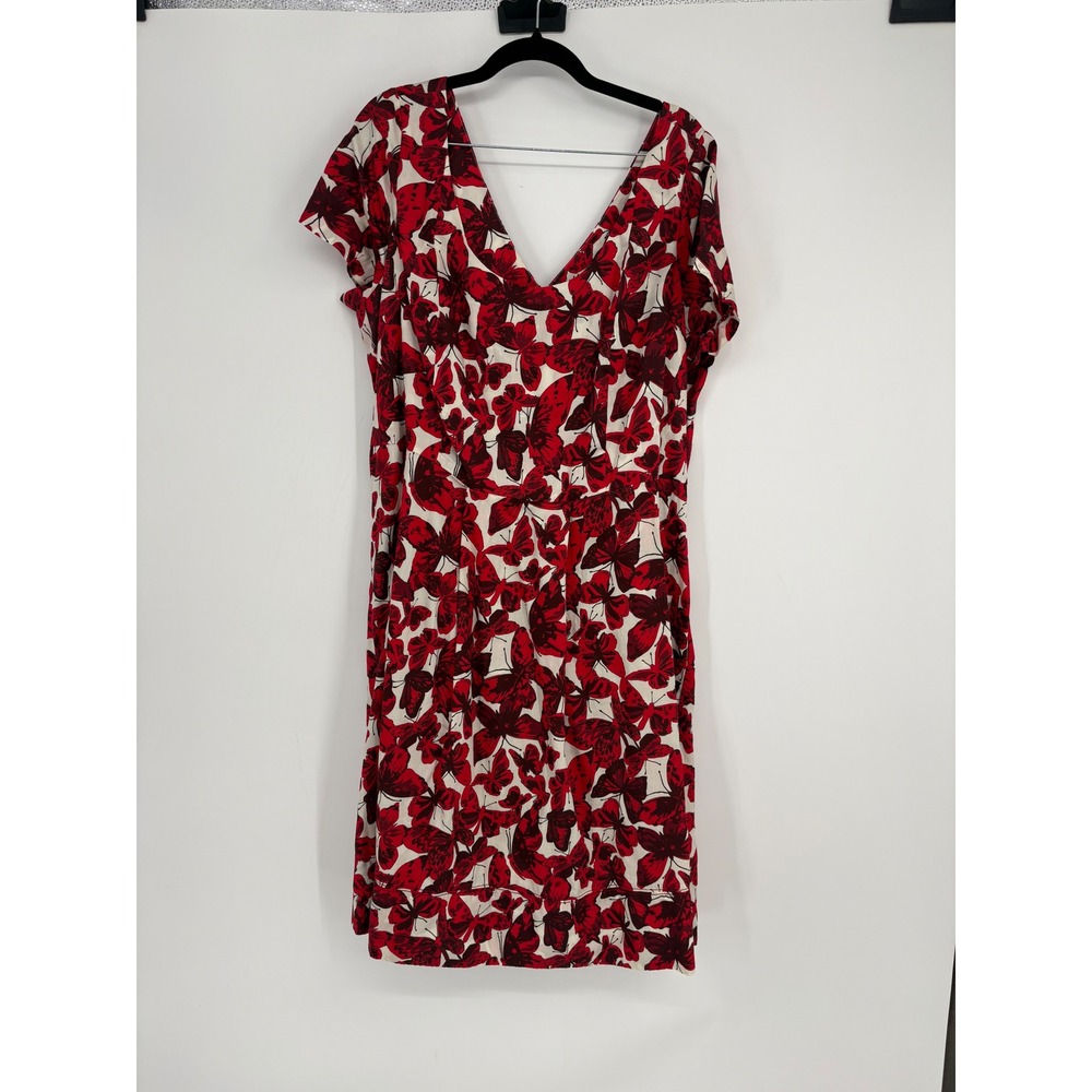 Lands' End Dress Womens 22W Red Butterfly Fit & Flare Cotton V-Neck Pockets